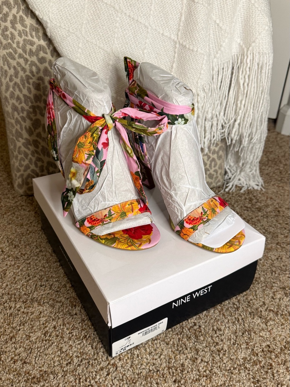 Nine West Pink Floral Tie-Strap Heeled Sandals